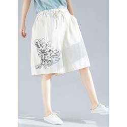 white embroidery blended loose pants casual elastic waist shorts