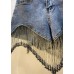 Modern Denim Blue Button Diamonds Tassel Cotton Shorts