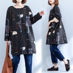 black plus size cartoon prints cotton cardigans long sleeve o neck coat autumn