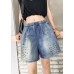 Women's loose straight denim blue shorts large size thin section rivet hole five-point pants