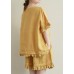 Literary yellow suit lace lace irregular round neck short sleeve shorts two-piece suit