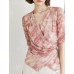 Tie Dye V-Neck Wrap Elbow Sleeve Top