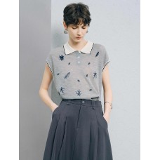 Contrast Collar Leaf Embroidery Sleeveless Knit Polo Top