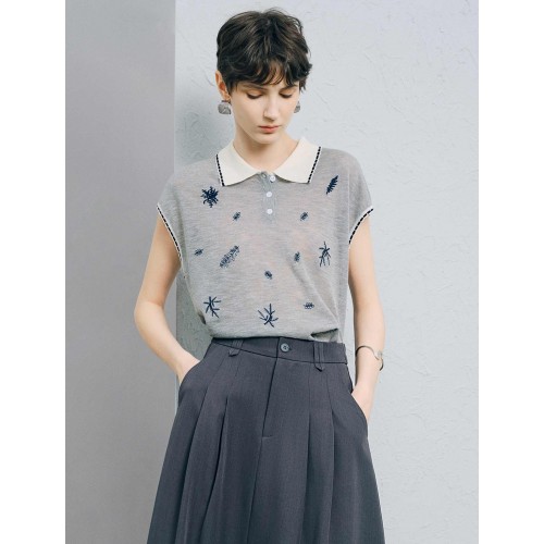 Contrast Collar Leaf Embroidery Sleeveless Knit Polo Top Contrast Collar Leaf Embroidery Sleeveless Knit Polo Top