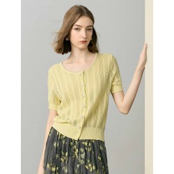 Pale Yellow Tencel Pearl Trim Knit Cardigan