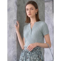 Wavy Openwork Tencel Linen Henley Knit Top