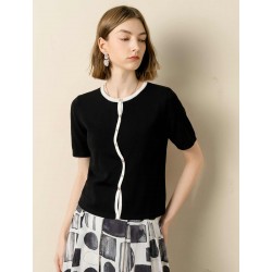Black Contrast Trim Button Placket Knit Top