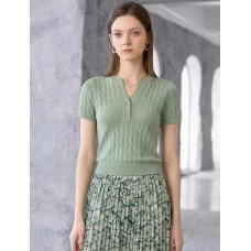 Wavy Openwork Tencel Linen Henley Knit Top