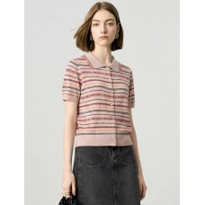 Vintage Striped Collared Short Sleeve Knit Cardigan Top