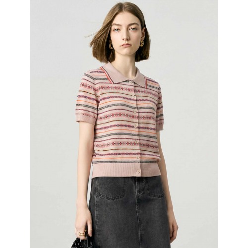 Vintage Striped Collared Short Sleeve Knit Cardigan Top Vintage Striped Collared Short Sleeve Knit Cardigan Top