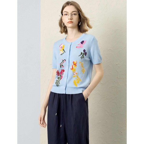Sky Blue Floral Intarsia Short Sleeve Knit Cardigan Top Sky Blue Floral Intarsia Short Sleeve Knit Cardigan Top