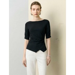 Boat Neck Ruched Sleeve Asymmetrical Top