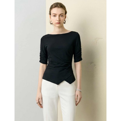 Boat Neck Ruched Sleeve Asymmetrical Top Boat Neck Ruched Sleeve Asymmetrical Top