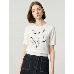 Abstract Floral Embroidered Knit Short Sleeve Top