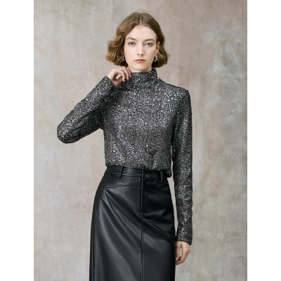 All-Over Sequin Turtleneck Long-Sleeve Top