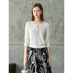 Tencel Eyelet Knit Tie-Neck Sweater