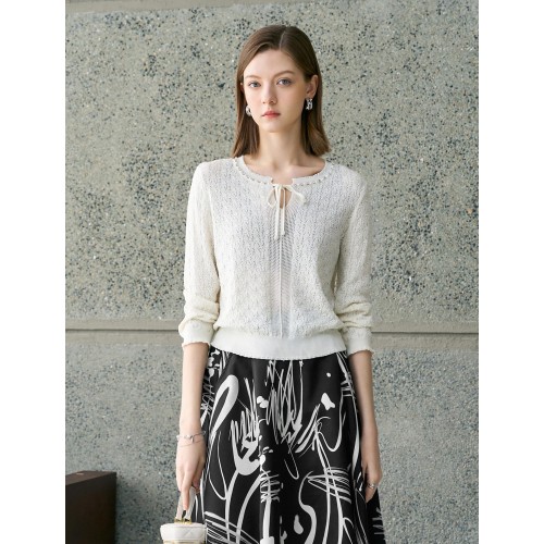 Tencel Eyelet Knit Tie-Neck Sweater Tencel Eyelet Knit Tie-Neck Sweater
