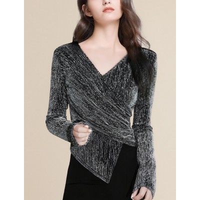 Glittery Wrap-Front Long Sleeve Top