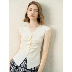 Ruched Knit Sleeveless V-Neck Top