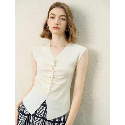 Ruched Knit Sleeveless V-Neck Top