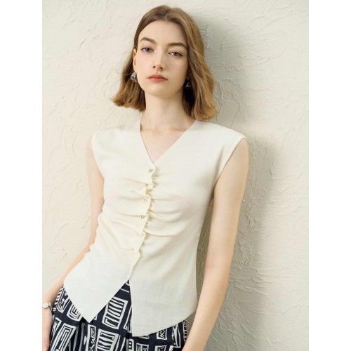 Ruched Knit Sleeveless V-Neck Top
