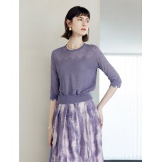 Wavy Texture Scalloped Cuffs Knitted Pullover