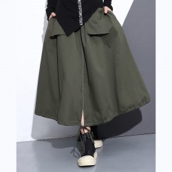 fine army green natural cotton skirt oversize A line skirts traveling boutique pockets drawstring cotton skirt